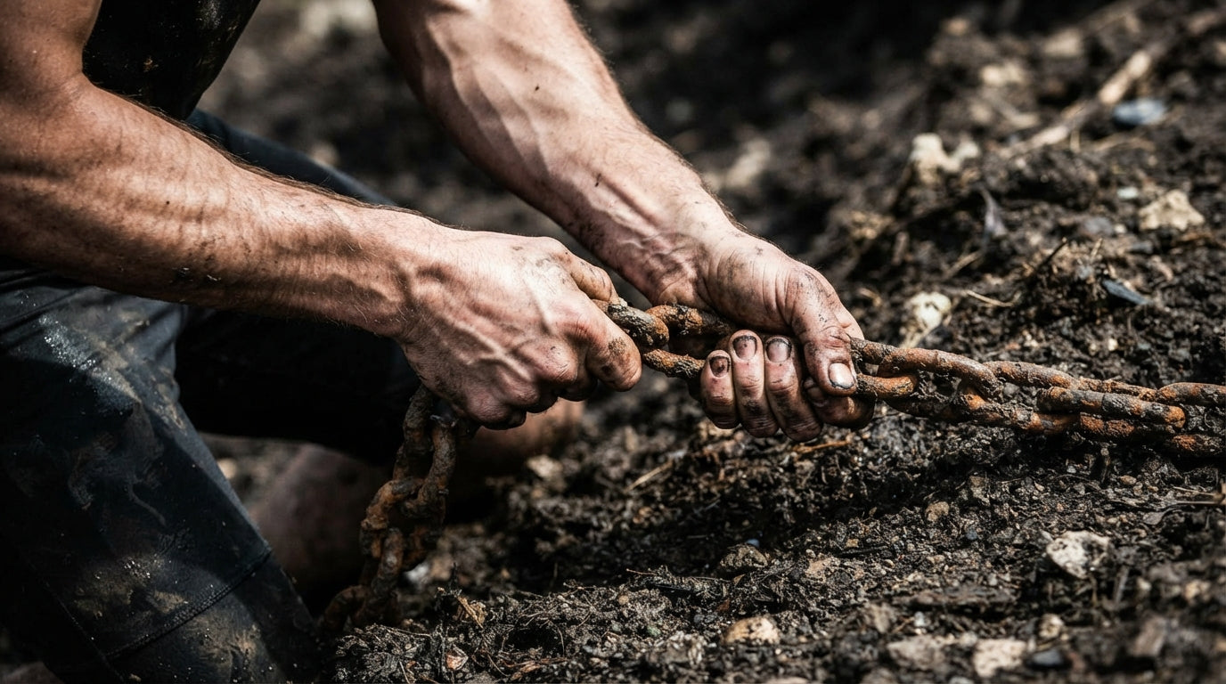 Hands gripping a rusted chain - grip and carry strength, the pillars of C5P Fit