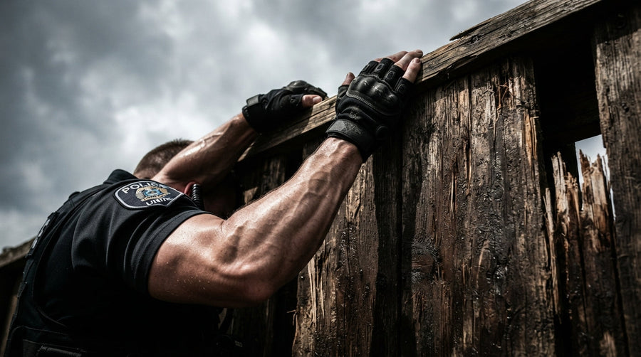 Police officer scaling a wall - training for the job, not the test
